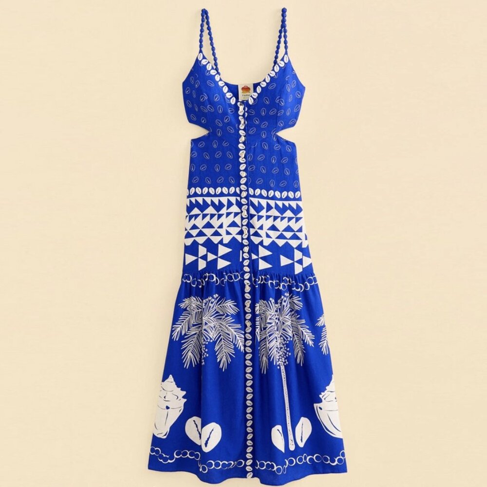 Farm Rio Mixed Ondina Blue Midi Cut out Ruched Sided Buttoned Down Maxi Dress - Picture 3 of 16